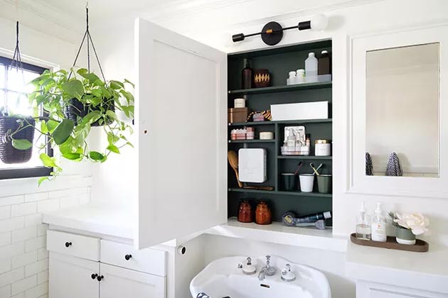 Ванная комната с белыми стенами, аптечка зеленого цвета и подвесное растение